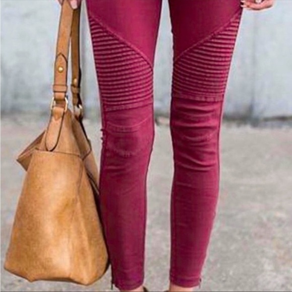 Umgee Burgundy Wine Moto Ankle Zip Leggings Size Small - Picture 2 of 8